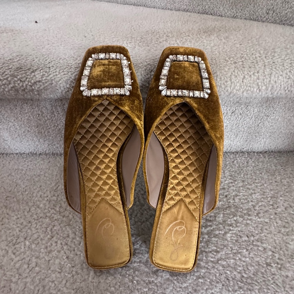 Sam Edelman Gold Velvet Mules with Crystal Accent